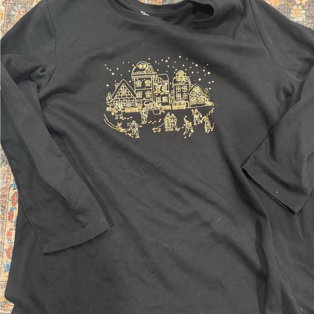 Black Long Sleeve Shirt with Gold Graphic Christmas . Super soft. Vintage